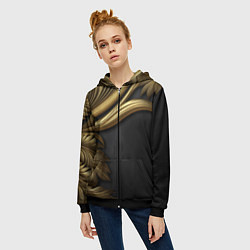 Толстовка на молнии женская Золотые объемные листья на черном, цвет: 3D-черный — фото 2