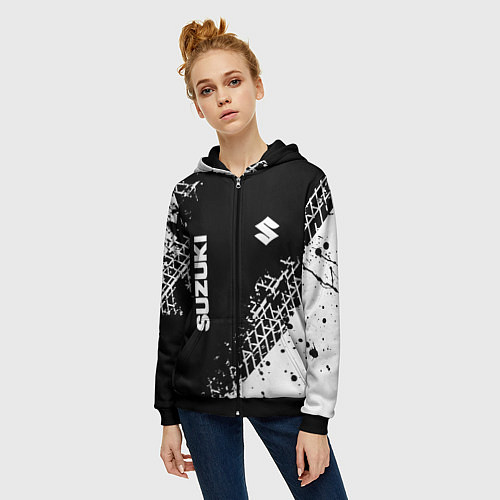 Женская толстовка на молнии Сузуки: следы от шин / 3D-Черный – фото 3