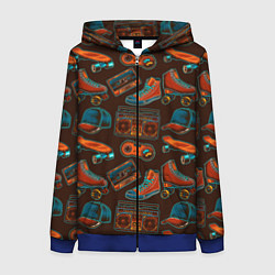 Толстовка на молнии женская Retro 80 магнитофон и кеды паттерн, цвет: 3D-синий