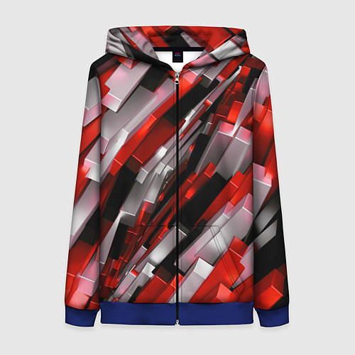 Женская толстовка на молнии Черно-красно-белые наклонные блоки / 3D-Синий – фото 1