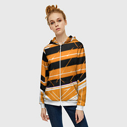 Толстовка на молнии женская Чёрно-белые полосы на оранжевом фоне, цвет: 3D-белый — фото 2