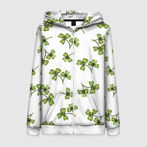 Женская толстовка на молнии Листочки клевера на белом фоне - паттерн / 3D-Белый – фото 1