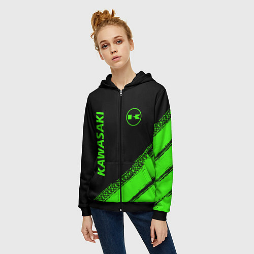 Женская толстовка на молнии Kawasaki - logo / 3D-Черный – фото 3