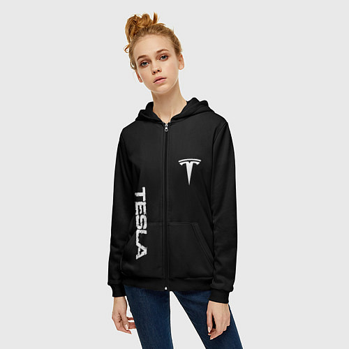 Женская толстовка на молнии Tesla logo white / 3D-Черный – фото 3