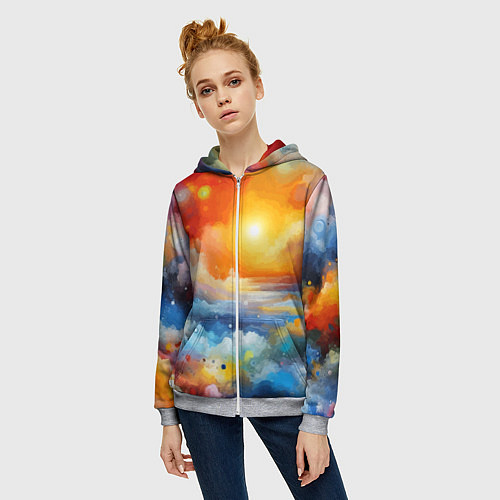 Женская толстовка на молнии Закат солнца - разноцветные облака / 3D-Меланж – фото 3