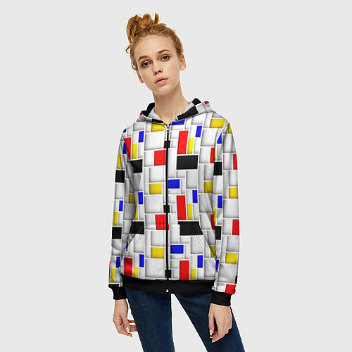 Женская толстовка на молнии Геометрия цветных Пит Мондриан / 3D-Черный – фото 3