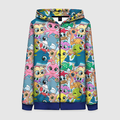 Женская толстовка на молнии Мультяшные обитатели морей / 3D-Синий – фото 1