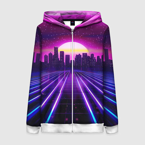 Женская толстовка на молнии Город на закате и неоновые полосы / 3D-Белый – фото 1