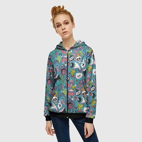 Женская толстовка на молнии Тьфу ты монстры / 3D-Черный – фото 3