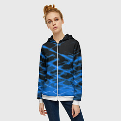 Толстовка на молнии женская Синие абстрактные полосы на чёрном фоне, цвет: 3D-белый — фото 2