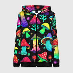 Толстовка на молнии женская Биолюминесцентные кислотные грибы, цвет: 3D-черный