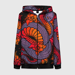 Женская толстовка на молнии Цветы и змея - Японский стиль