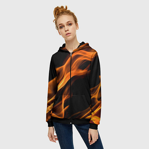 Женская толстовка на молнии Языки пламени текстура / 3D-Черный – фото 3
