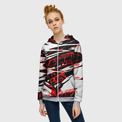 Женская толстовка на молнии Красно-чёрная агрессивная абстракция на белом фоне / 3D-Меланж – фото 3