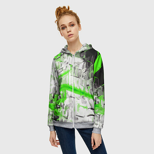 Женская толстовка на молнии Бело-зелёная абстракция на чёрном фоне / 3D-Меланж – фото 3