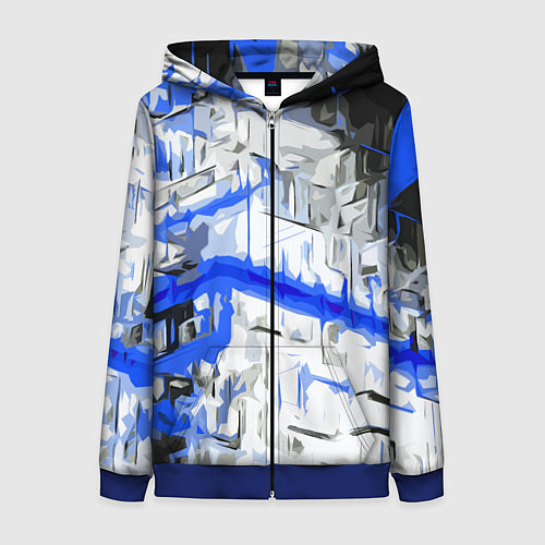 Женская толстовка на молнии Сине-белая абстракция на чёрном фоне / 3D-Синий – фото 1