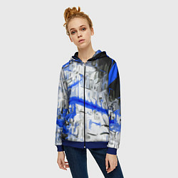 Толстовка на молнии женская Сине-белая абстракция на чёрном фоне, цвет: 3D-синий — фото 2