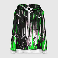 Толстовка на молнии женская Зелёно-белые вертикальные полосы на чёрном фоне, цвет: 3D-белый
