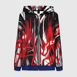 Толстовка на молнии женская Красно-белая хаотичная абстракция на чёрном фоне, цвет: 3D-синий