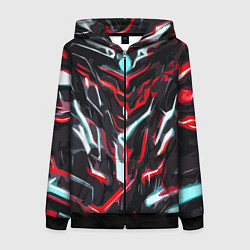 Толстовка на молнии женская Красно-белые абстрактные линии на чёрном фоне, цвет: 3D-черный