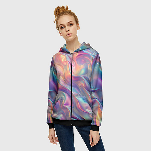 Женская толстовка на молнии Перламутровый голографический градиент / 3D-Черный – фото 3