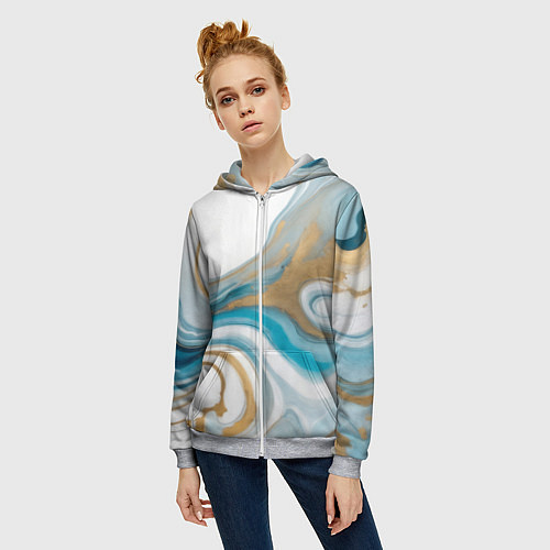 Женская толстовка на молнии Бело-голубой с золотом абстрактный узор / 3D-Меланж – фото 3