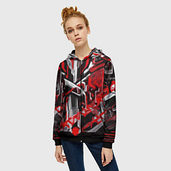 Толстовка на молнии женская Красно-белая агрессивная абстракция на чёрном фоне, цвет: 3D-черный — фото 2
