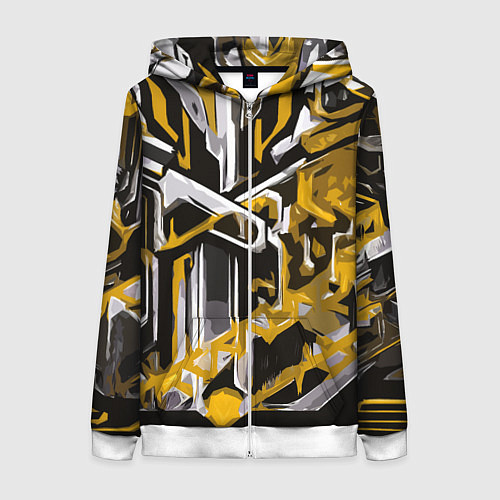 Женская толстовка на молнии Жёлто-белая агрессивная абстракция на чёрном фоне / 3D-Белый – фото 1