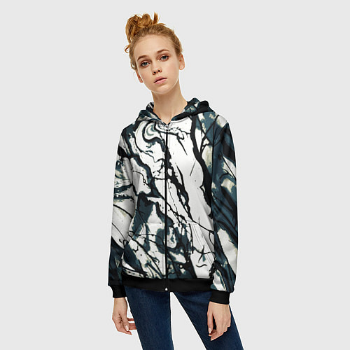 Женская толстовка на молнии Абстрактная текстура мрамор белый с тёмно-синим / 3D-Черный – фото 3