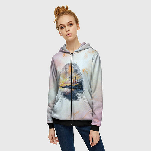 Женская толстовка на молнии Маяк у моря на закате в отпечатке пальца / 3D-Черный – фото 3