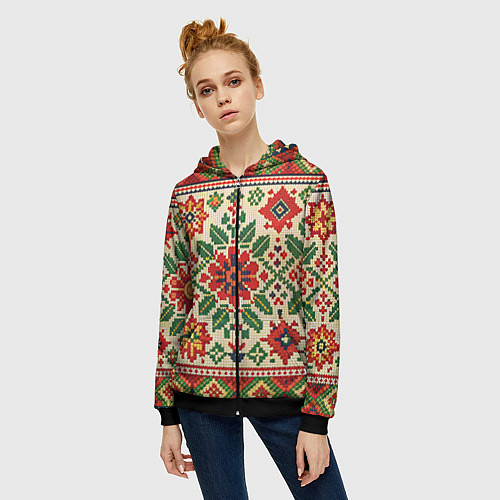 Женская толстовка на молнии Славянский узор и орнамент / 3D-Черный – фото 3