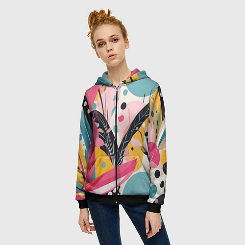Женская толстовка на молнии Листья цветы абстракция / 3D-Черный – фото 3