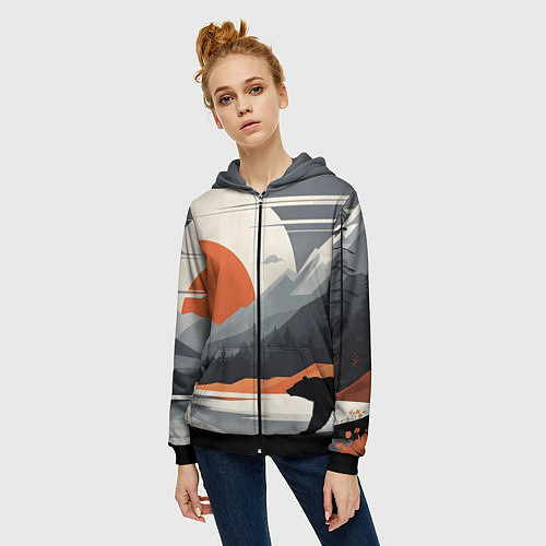 Женская толстовка на молнии Горы медведь геометрия / 3D-Черный – фото 3