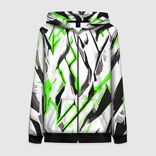 Женская толстовка на молнии Чёрно-зелёные агрессивные полосы на белом фоне / 3D-Черный – фото 1