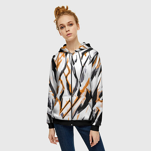 Женская толстовка на молнии Чёрно-жёлтые агрессивные полосы на белом фоне / 3D-Черный – фото 3