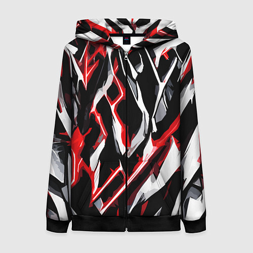 Женская толстовка на молнии Красно-белые агрессивные полосы на чёрном фоне / 3D-Черный – фото 1