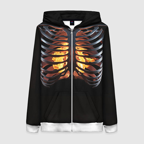 Женская толстовка на молнии Огонь в груди скелета - костюм на хэллоуин / 3D-Белый – фото 1