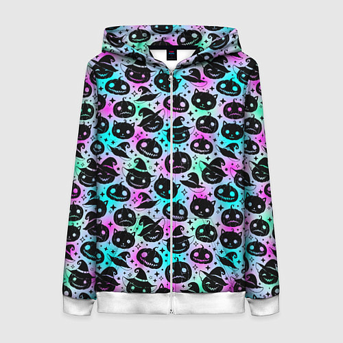 Женская толстовка на молнии Halloween - тыквы на неоновом фоне / 3D-Белый – фото 1