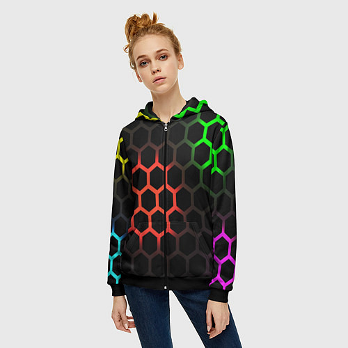 Женская толстовка на молнии Hexagon neon / 3D-Черный – фото 3