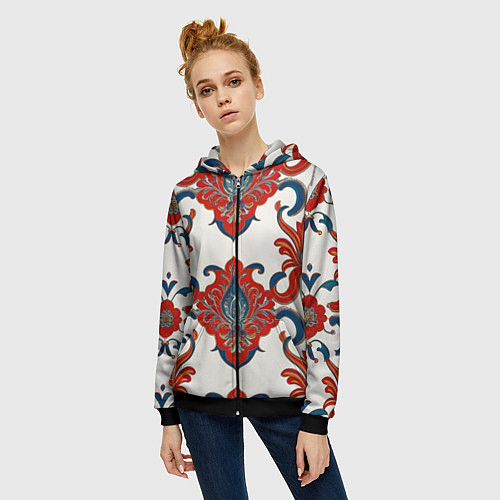 Женская толстовка на молнии Узор красно-синий на белом фоне / 3D-Черный – фото 3
