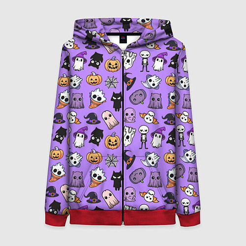 Женская толстовка на молнии Кавайный хэллоуин - призраки и черепа на сиреневом / 3D-Красный – фото 1