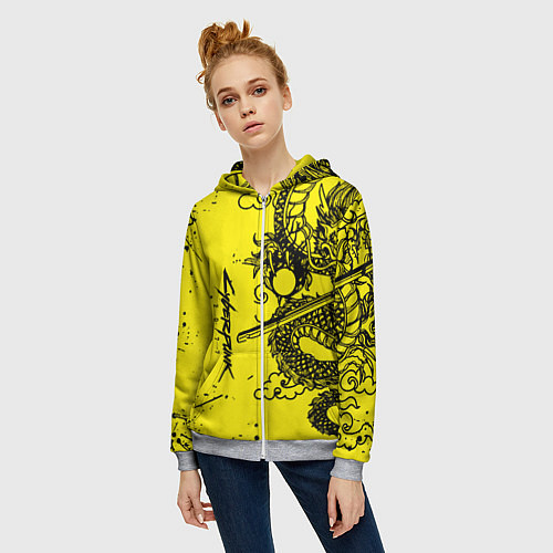 Женская толстовка на молнии Syberpunk dragon tatoo / 3D-Меланж – фото 3