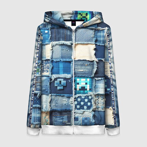 Женская толстовка на молнии Minecraft на пэчворк дениме / 3D-Белый – фото 1