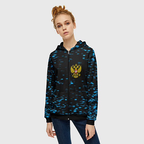 Женская толстовка на молнии Герб РФ краски синие / 3D-Черный – фото 3
