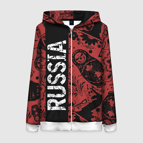 Женская толстовка на молнии Россия на фоне матрёшек балалайки и славянских узо / 3D-Белый – фото 1