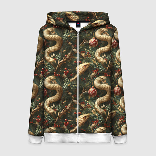 Женская толстовка на молнии Паттерн со змеями и елкой / 3D-Белый – фото 1