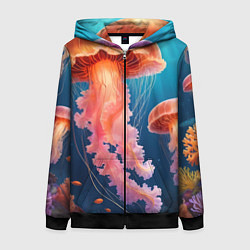 Толстовка на молнии женская Подводный мир медузы, цвет: 3D-черный