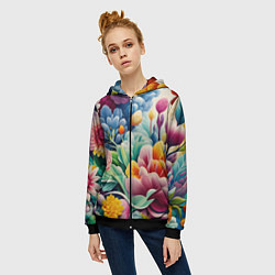 Толстовка на молнии женская Объемные цветы лето, цвет: 3D-черный — фото 2