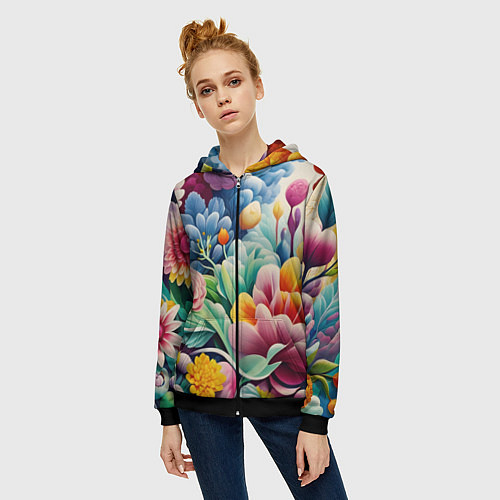 Женская толстовка на молнии Объемные цветы лето / 3D-Черный – фото 3