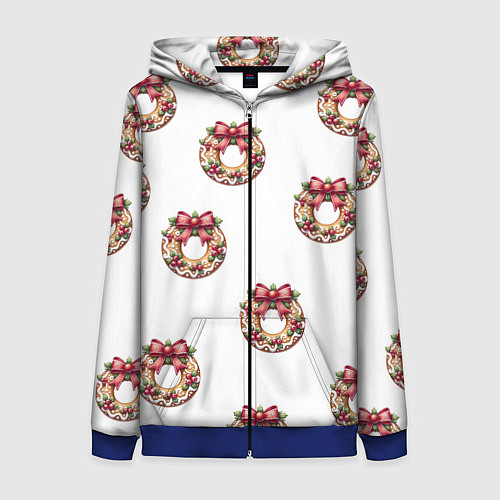Женская толстовка на молнии Много новогодних пончиков с бантиком и ягодами / 3D-Синий – фото 1